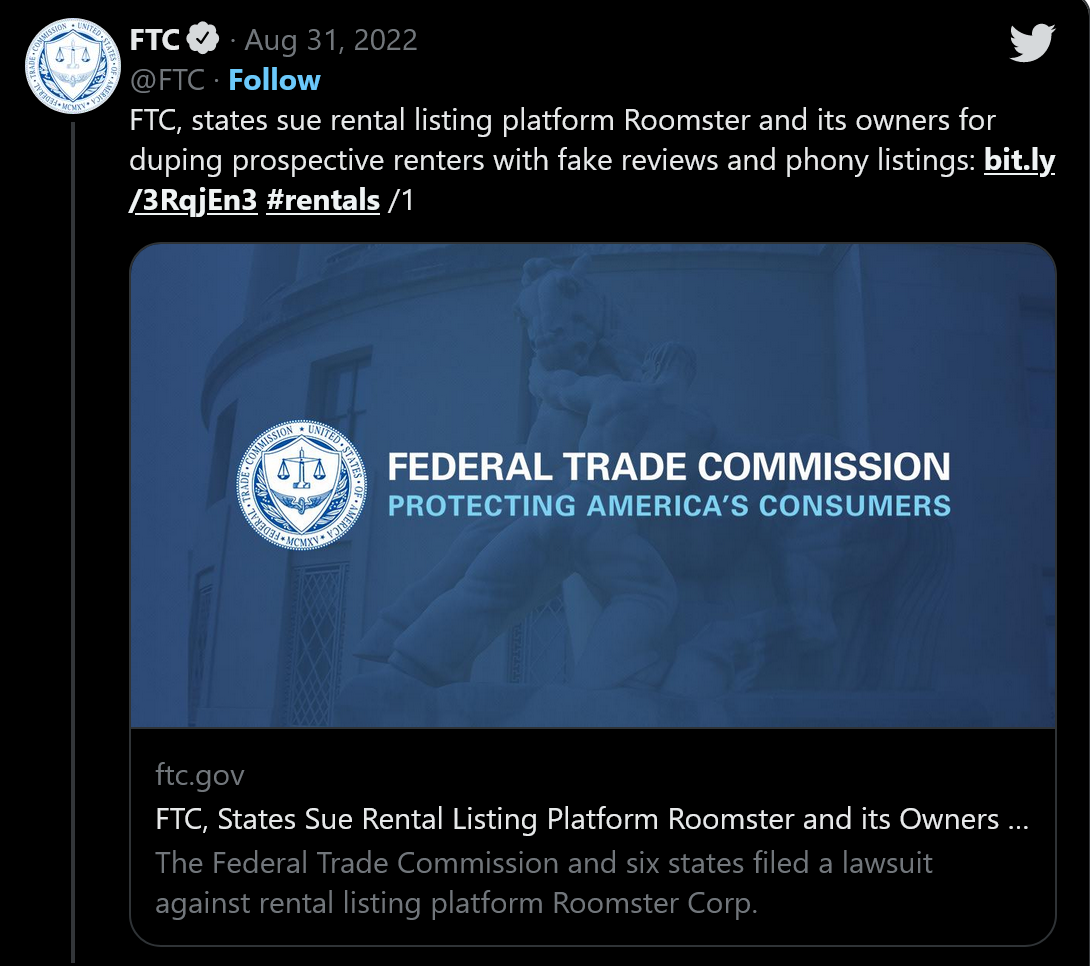 美FTC诉讼称Roomster业主以虚假房源和评论诈骗室友求职者