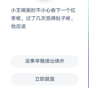 小王喝粥时不小心吞下一个红枣核，过了几天觉得肚子疼，他应该怎么办，蚂蚁庄园今日答案12.4