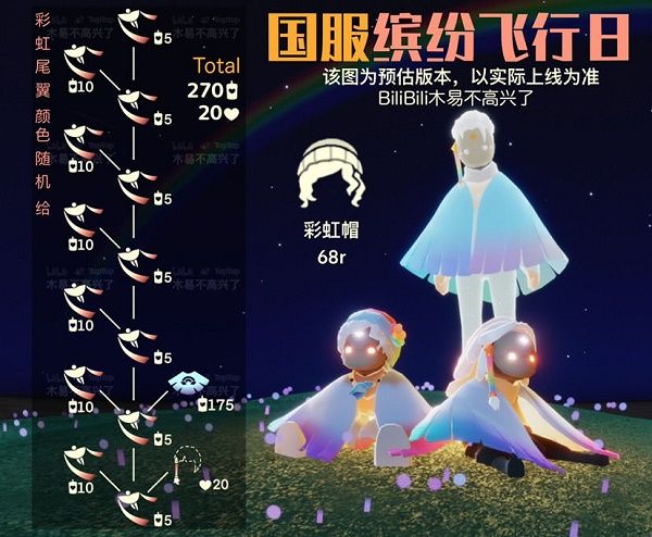 光遇缤纷飞行日兑换图：彩虹斗篷、彩虹耳坠、彩虹帽兑换表